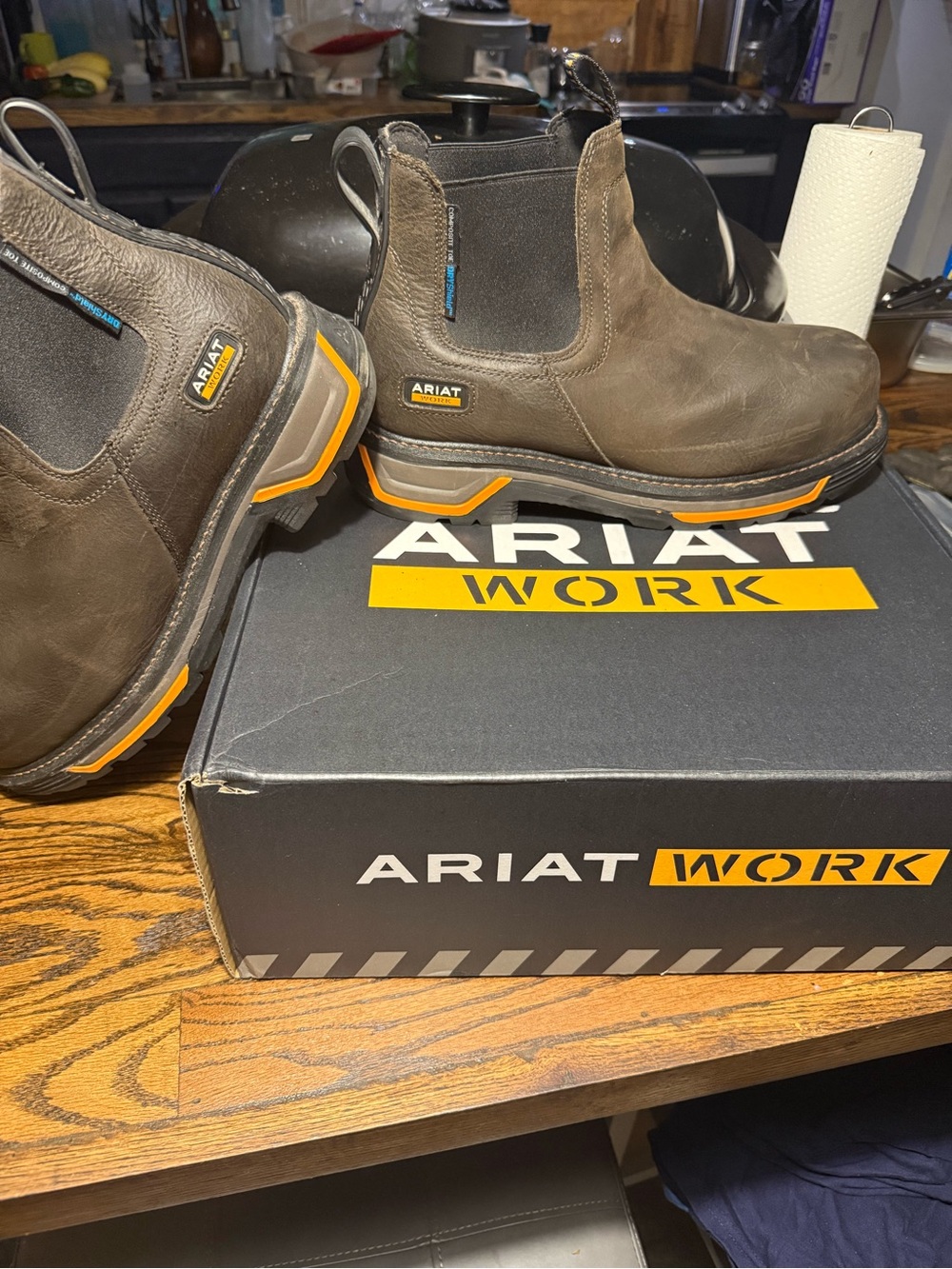Ariat Brown Leather Chelsea Work Boots with Orange Accents